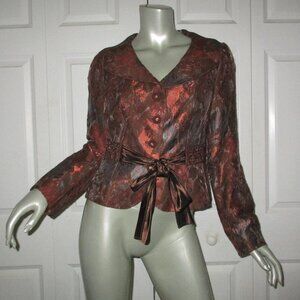 RICKIE FREEMAN/TERI JON Burgundy Jacquard Jacket Tie Belt Sequins & Beads Detail